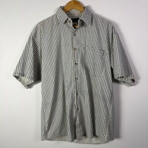 MAXX Button Down Shirt Mens Medium Blue Tan Good Striped Short Sleeve Cotton USA